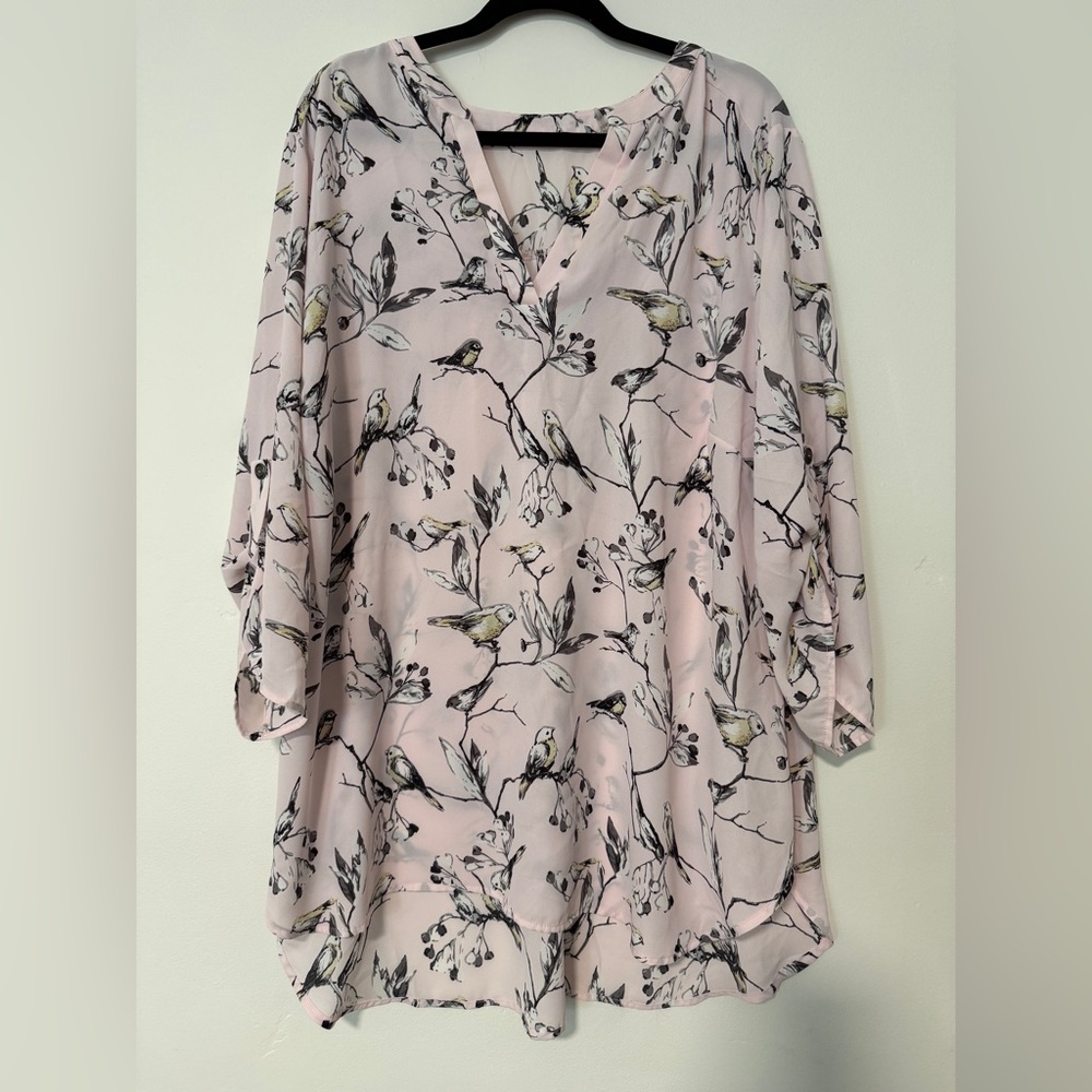 Tahari Women’s Pink Floral Bird Print V-Neck 3/4 Sleeve Top Size 3X